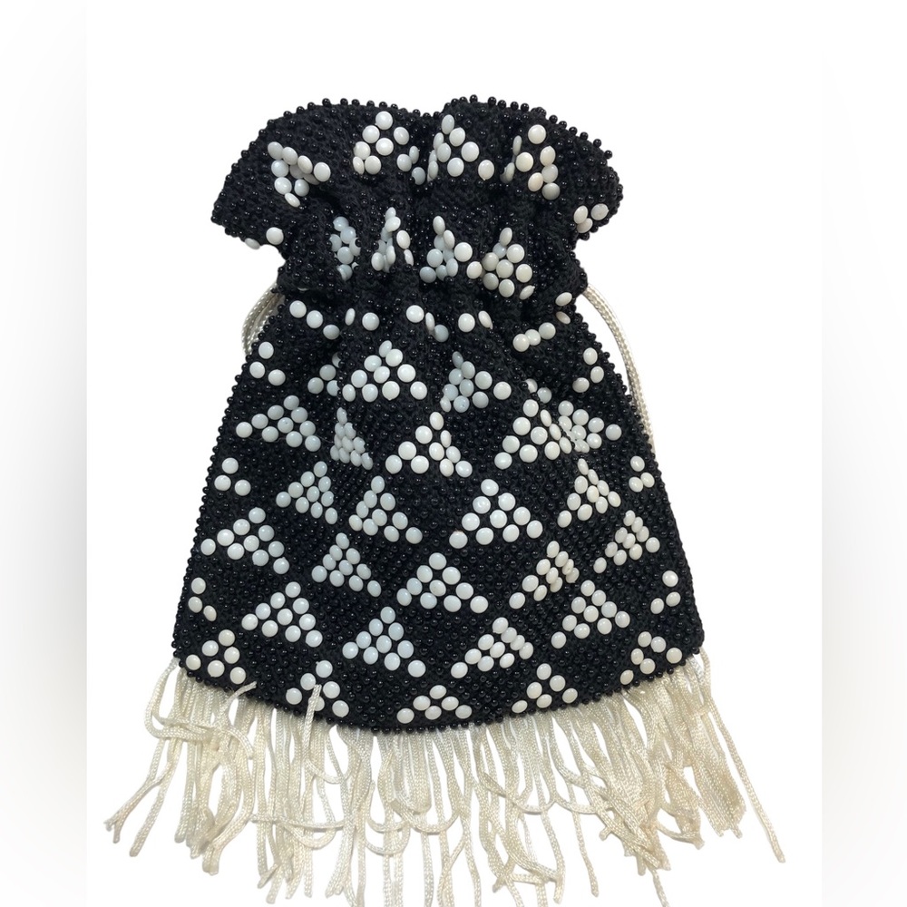 Vintage Beaded Small Drawstring Bag black/white